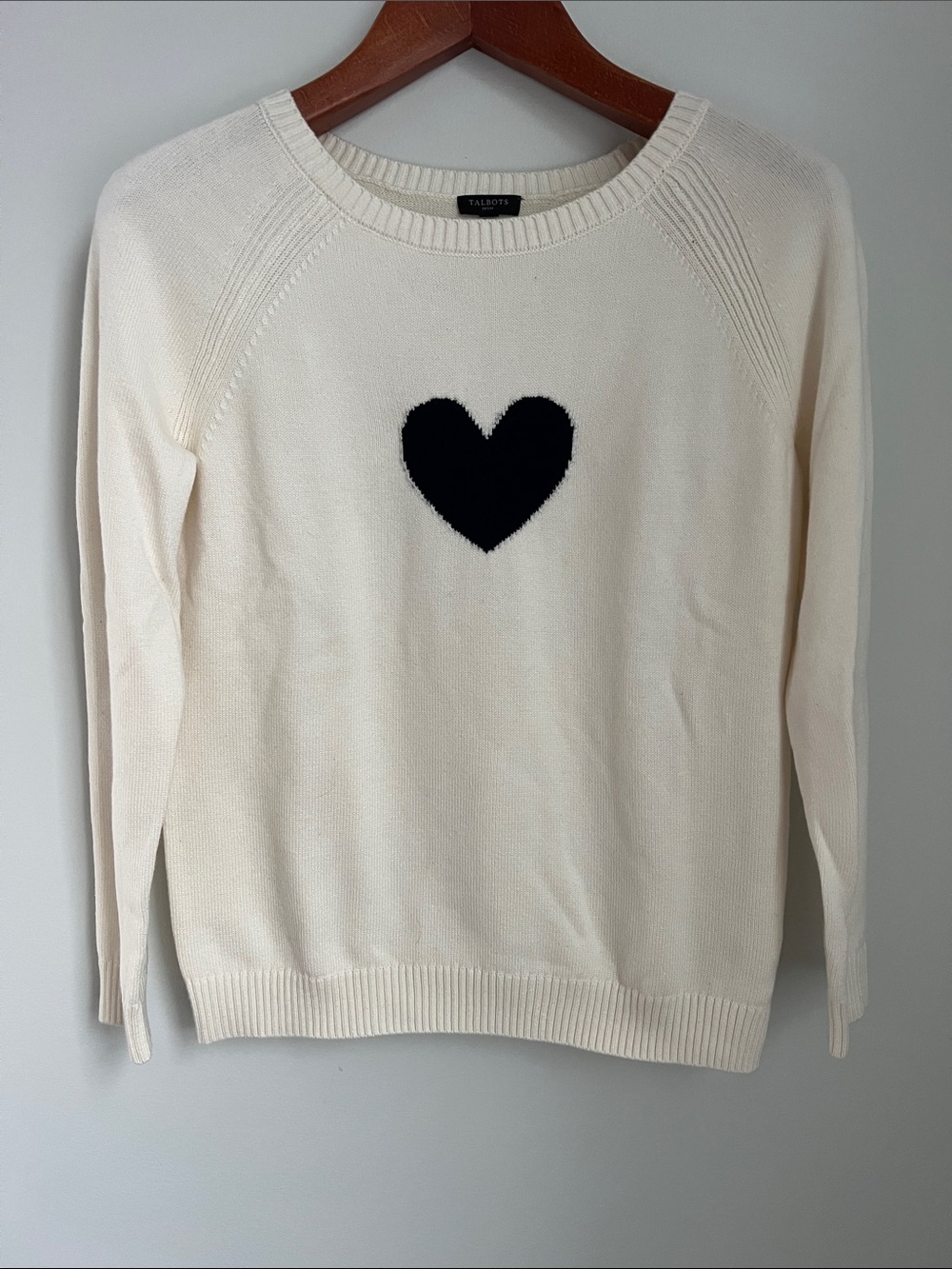 Talbots | Cream Crewneck Cotton Blend Sweater with Black Heart Size SP